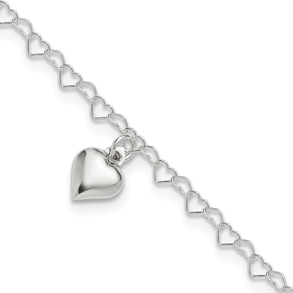 925 Sterling Silver Fancy Link Puffed Heart Charm 9 " + 1" ext. Jewelry Anklet
